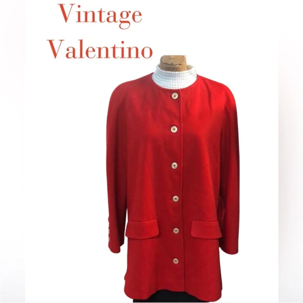 Valentino Red Round-Neck Button-Front Long Jacket - Picture 3 of 10